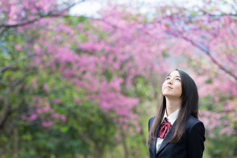 見上げる学生の写真